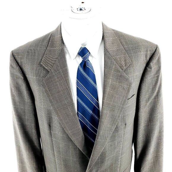 Oscar De La Renta Wool 2 Button Blazer 42L Beige Plaid Green‎ Blue Windowpane - Picture 1 of 10